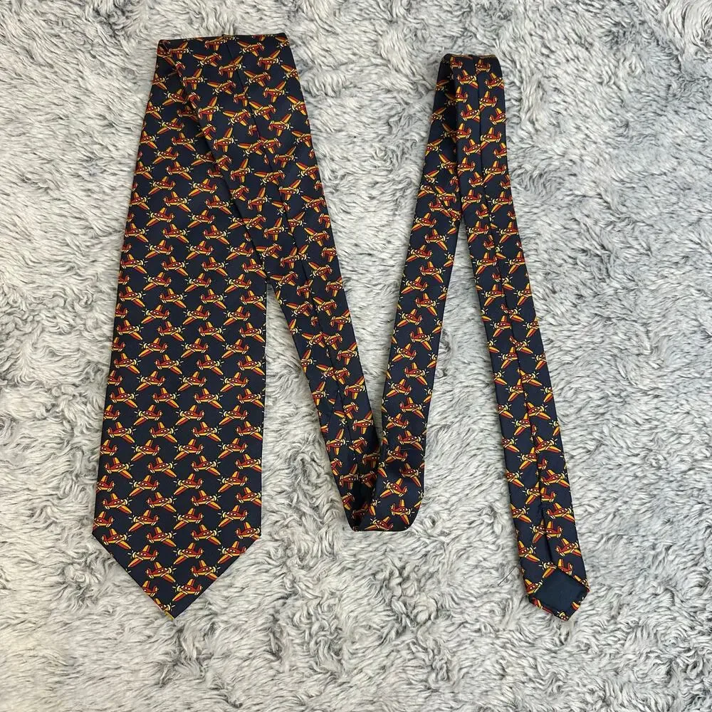 La Cravatta Giofer Roma Navy Yellow Orange Airplane Neck Tie 100% Silk Aviation